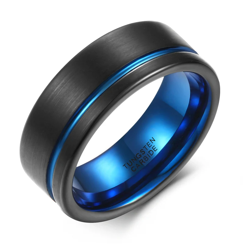 Black blue Кольцо TIGRADE вольфрамовое мужское кольцо черное розовое золото линия матовый 8 мм обручальное кольцо мужские вечерние Ювелирные Изделия Bague Homme - Цвет основного камня: Black blue