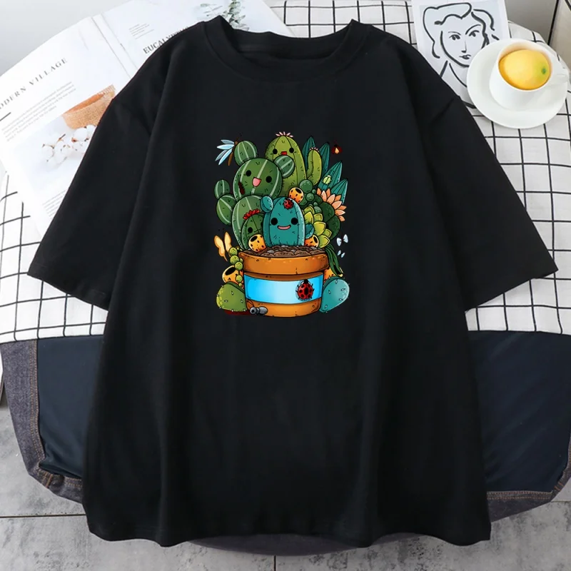 

Camiseta com estampa de cacto suculentas, camiseta feminina de verão de manga curta, camiseta solta com gola redonda, camiseta