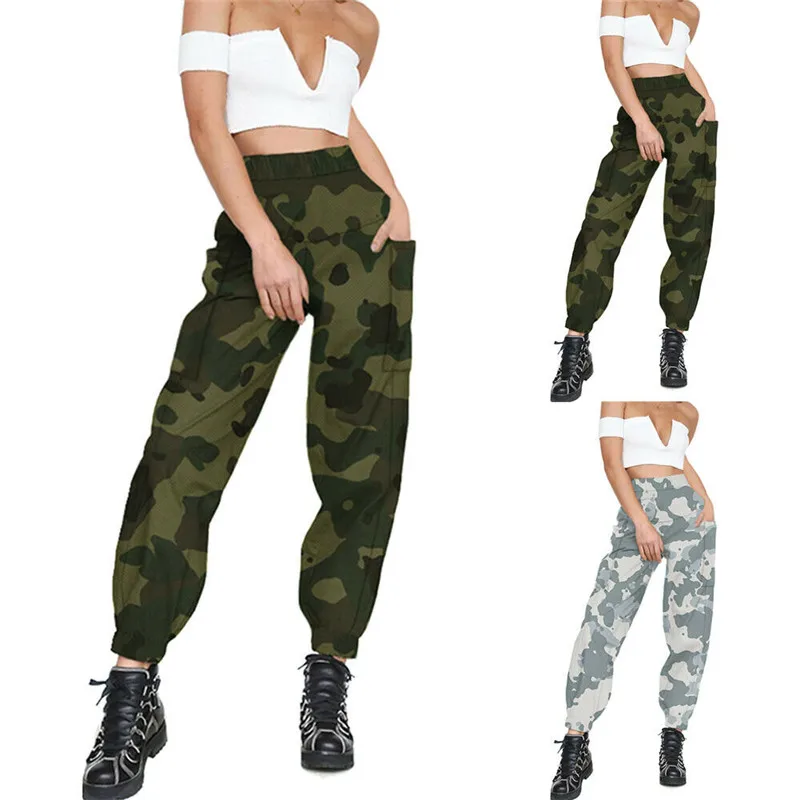 

hirigin casual Women Workout Cargo Pants female Outdoor fashion Elastic High Waist Baggy Pants ladies Camouflage print new pants