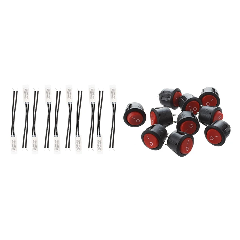 

10 Pcs Bimetal Temperature Control Switch & 10 Pcs Red Round Button 2 Pin SPST On/Off Rocker Switch