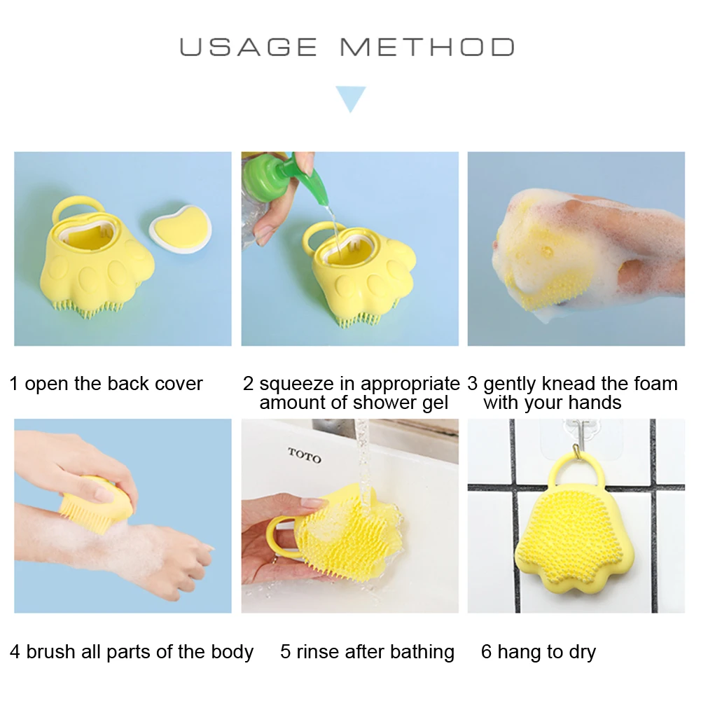 

2 in 1 Cat Claw Shaped Soft Silicone Scrubber Dispenser Bath Cleaning Rub Brush Body Skin Care Shampoo Container Brush