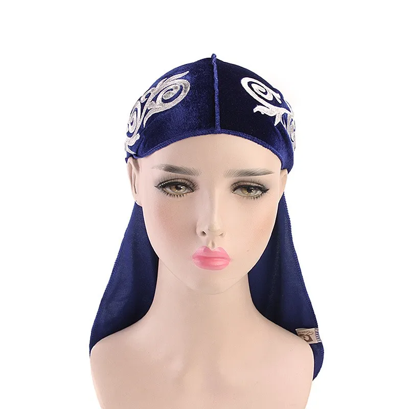 Тюрбан унисекс вышивка шаблон Бархат Durag дышащая бандана шляпа длинный хвост
