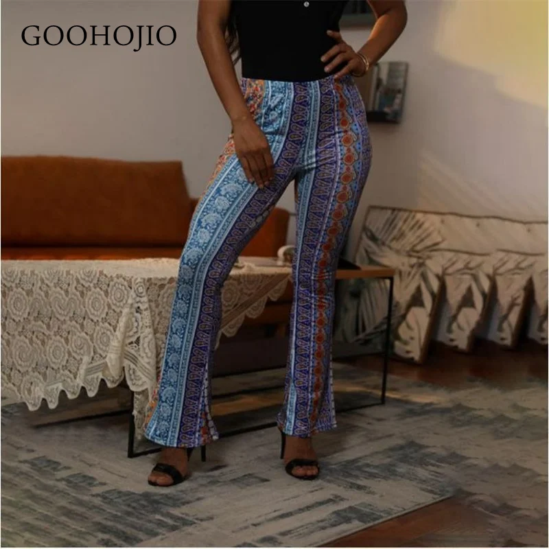 

GOOHOJIO 2021 New Spring Autumn High Waist Flare Pants Women Flower Pattern Trousers for Ladies Casual Elastic Band Women Pant