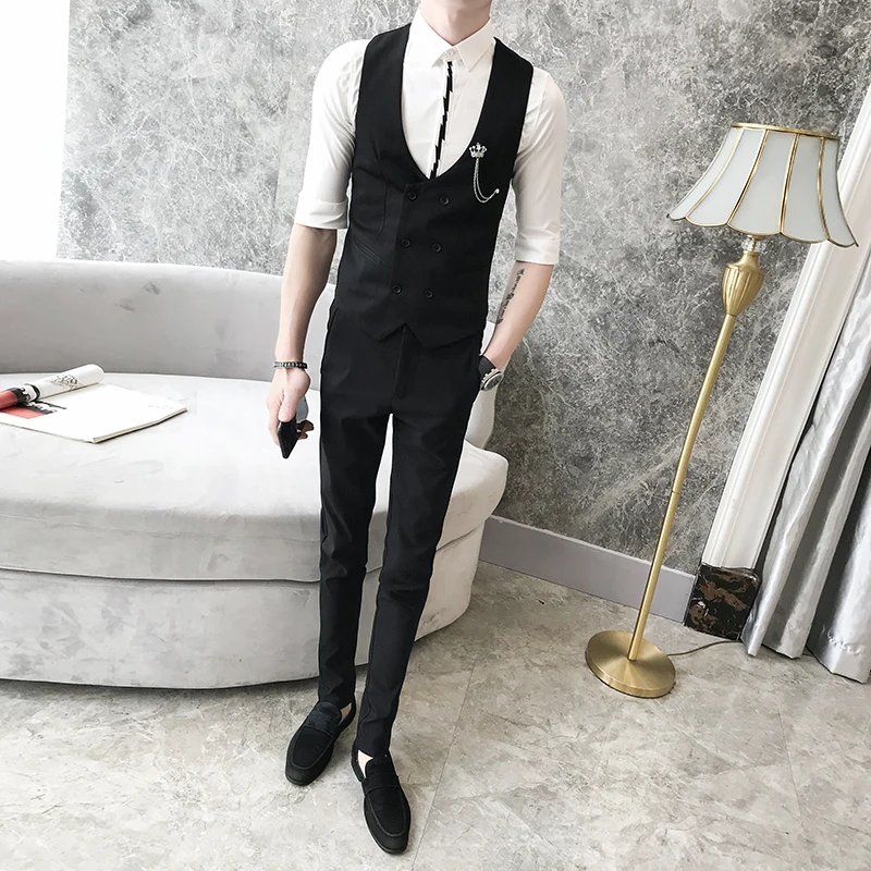 

Men's 2021 Spring Casual Vest Fashion Nightclub Work Sleeveless Vest Double Breasted Uniform Waistcoat Suits Slim Gilet Homme