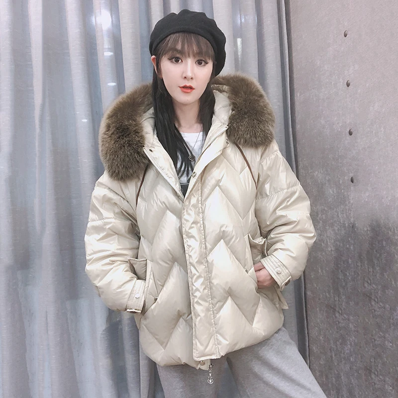 

FMFSSOM Winter Women Thick Warm Natural Fur Collar Oversize Down Coat 90% White Duck Down Parkas Rabbit Ears Loose Snow Outwear
