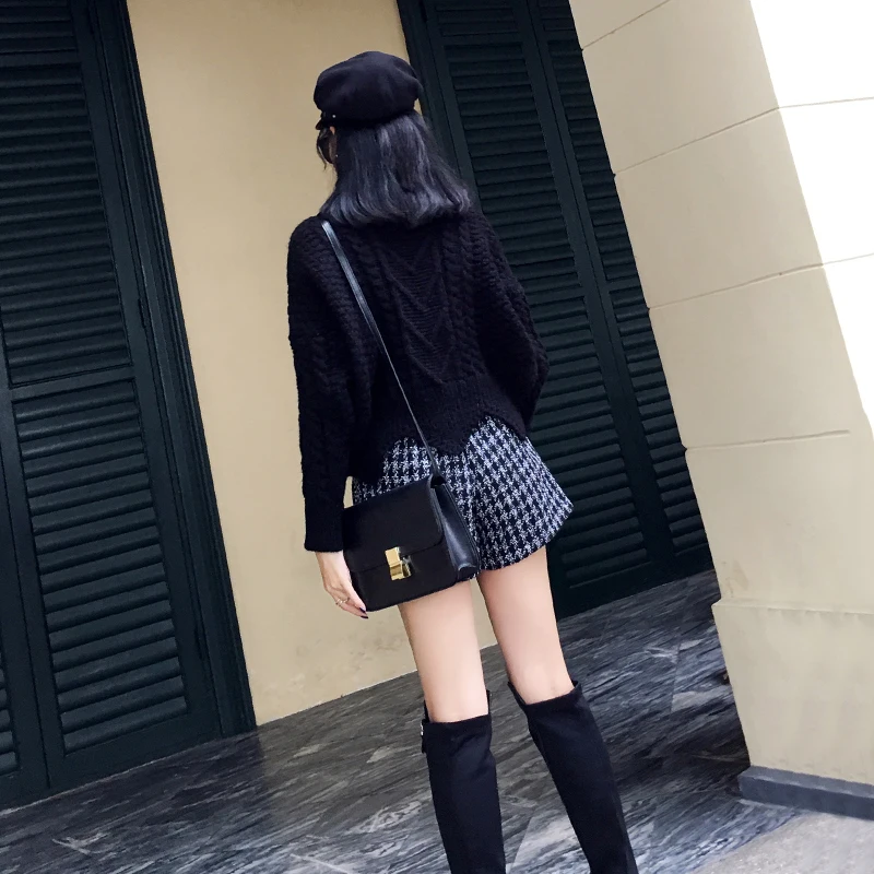 Женские клетчатые шорты MUMUZI черные элегантные зимние с высокой талией на молнии |