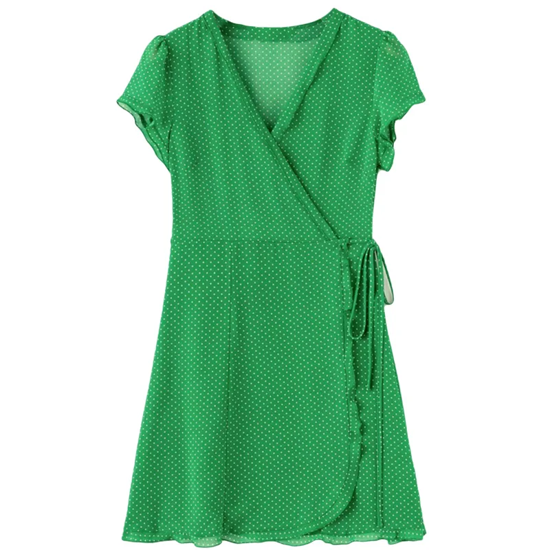 

19 Summer Style French Niche Green Polka Dot V-neck Slim Dress Tea Dress Slimming Retro Girl Dress