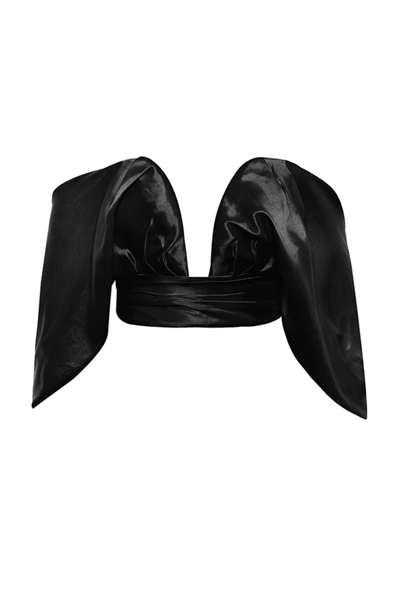 

Fashion Blouses Women Satin Deep V-neck Off Shoulder Strapless Bow Lace up Backless Ladies Cropped Top Streetwear