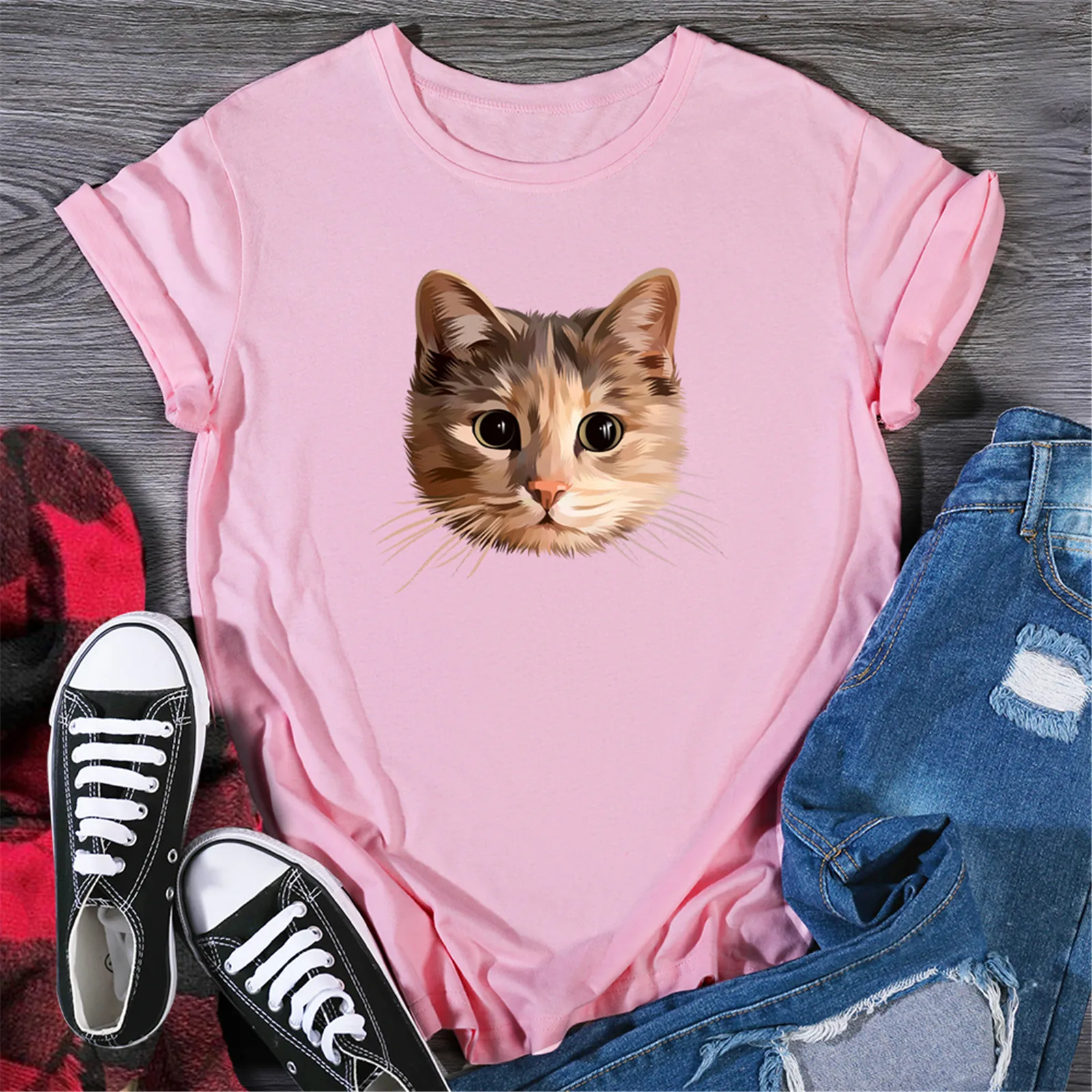 Summer Plus Size T Shirt Women Casual O-Neck Cute Animal Cat Print Short Sleeve Top Tee Harajuku Korean Tops Female T-shirt | Женская