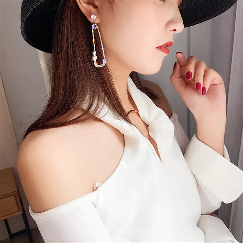 Женские серьги-подвески с геометрическим жемчугом FYUAN Серебристые кристаллами