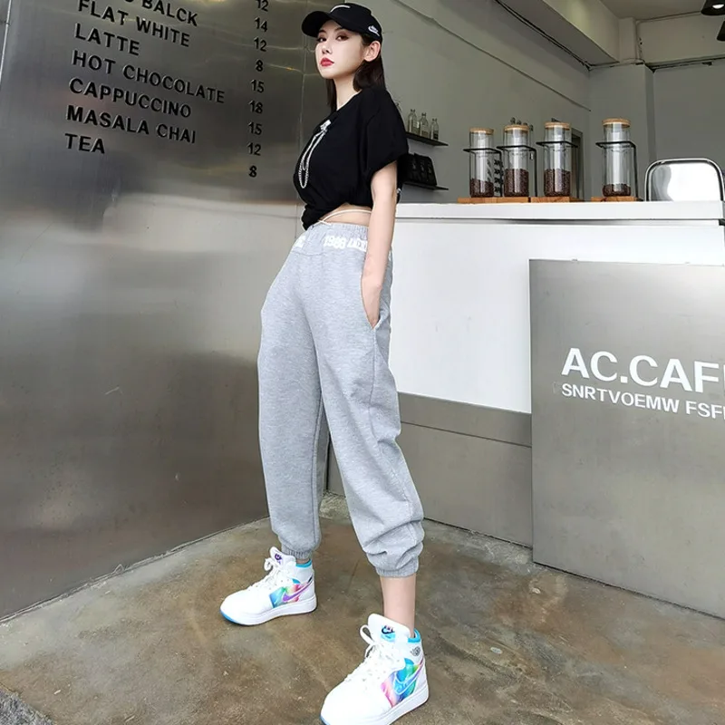 

[DEAT] High Elastic Waist Trousers New Slim Fit Pants Women Black Printing Pockets Tie Feet Fashion Tide Summer 2021 7E7759