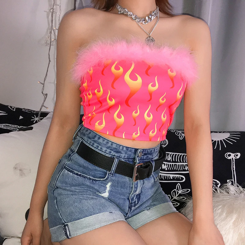Пушистые Женские топы с принтом огненного пламени розовые милые без бретелек
