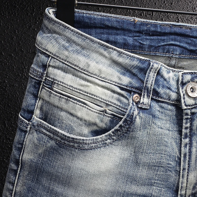 European Vintage Fashion Men Jeans Retro Light Gray Blue Elastic Designer Slim Jeans Men Korean Style Plain Casual Denim Pants