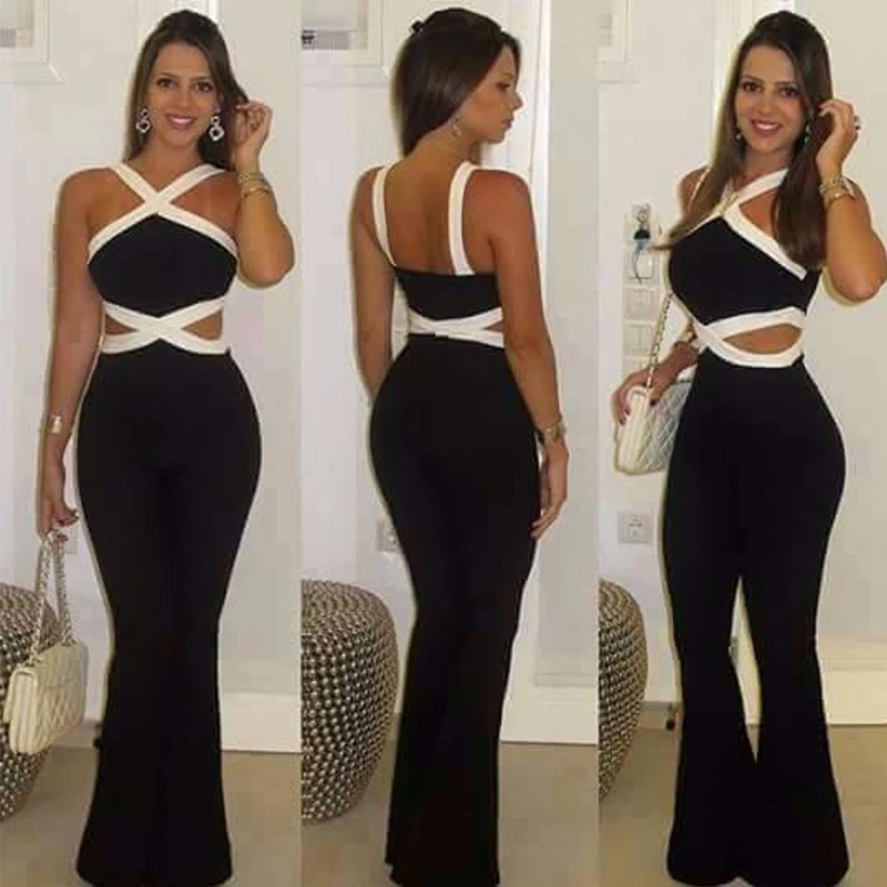

Sexy Jumpsuit Hollow Out Black White Contrast Color Strap Bodycon Women Fashion Clubwear Tight Female Date Out Playsuits Rompers