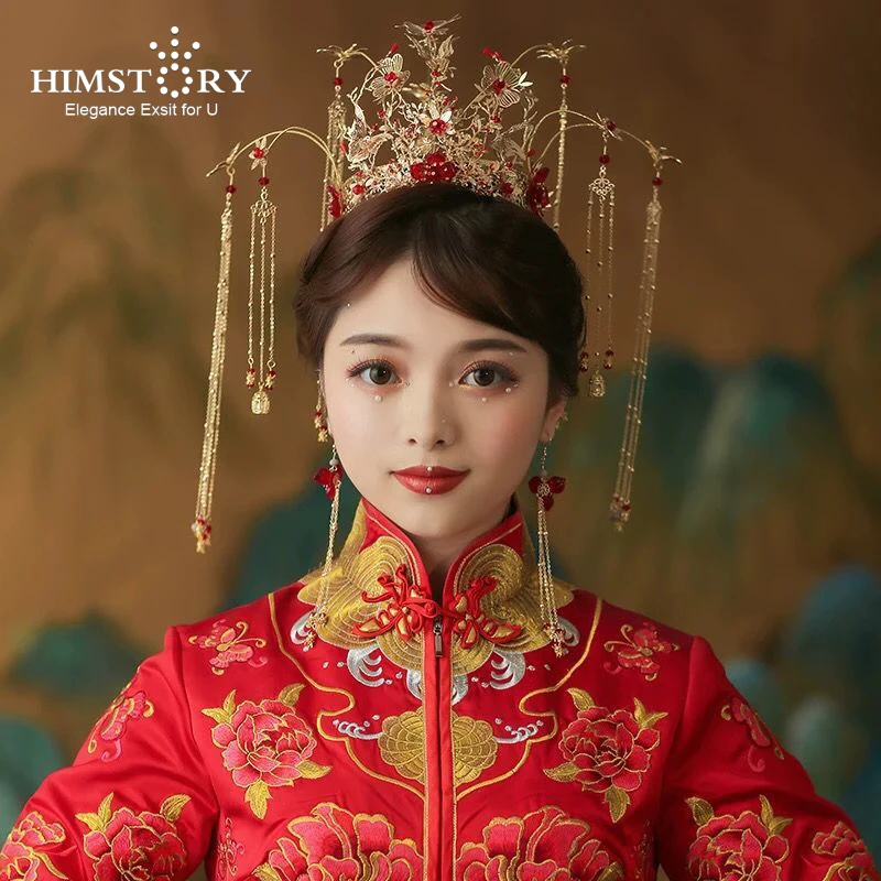 

HIMSTORY Luxury Wedding Bride Traditional Chinese Hair Accessories Bridal Headdress Gold Tiara Round Crown Hair Jewelry Ornament