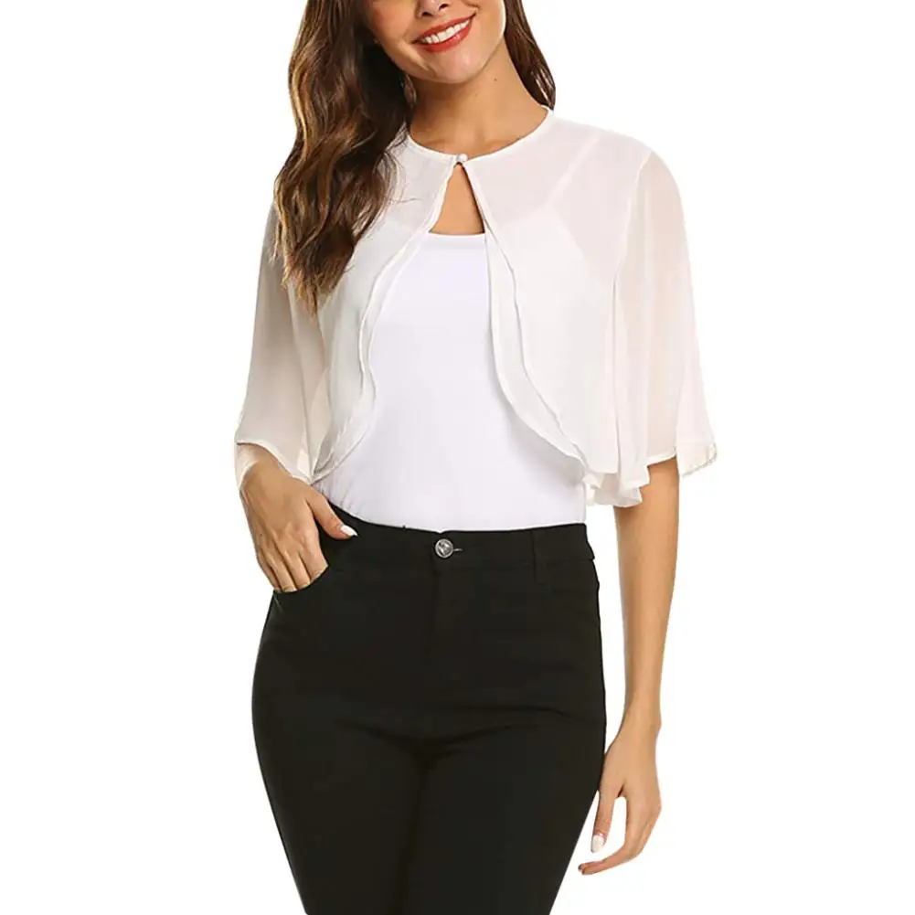 Летняя женская однотонная расклешенная болеро с коротким рукавом из шифона