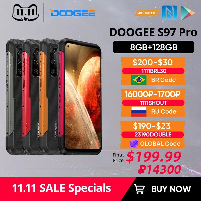 

DOOGEE S97 Pro Rugged Phone 40m Laser Rangefinder 48MP QuadCamera Cellphone Helio G95 Octa Core 8GB+128GB SmartPhone 8500mAh NFC