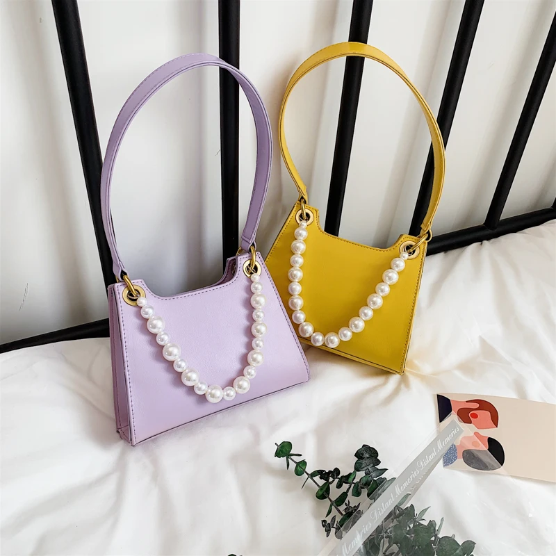 

Pearl Designer Crossbody Bags For Women 2021 Summer White PU Leather Ladies Armpit Bag Girls Fashion Shoulder Bag Handbags