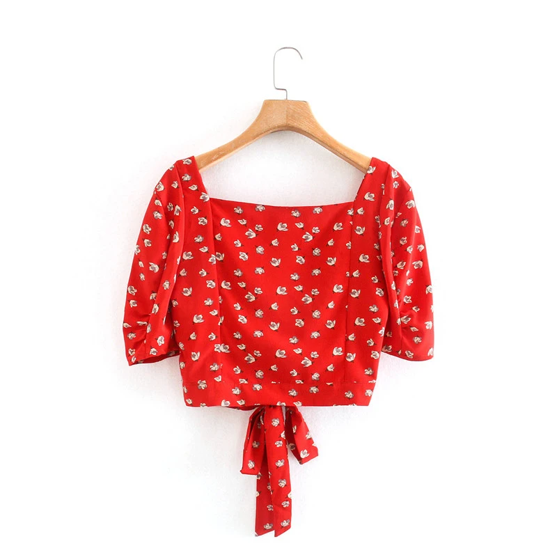 Женские летние модные красные короткие топы с цветочным принтом 2020 милые рубашки