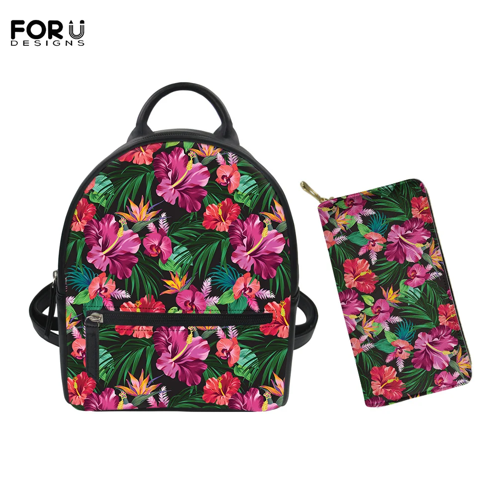 

Повседневные стильные рюкзаки FORUDESIGNS с кошельком, набор из 2 предметов для подростков, тропический цветок гибискуса, дизайн телефона, сумки ...