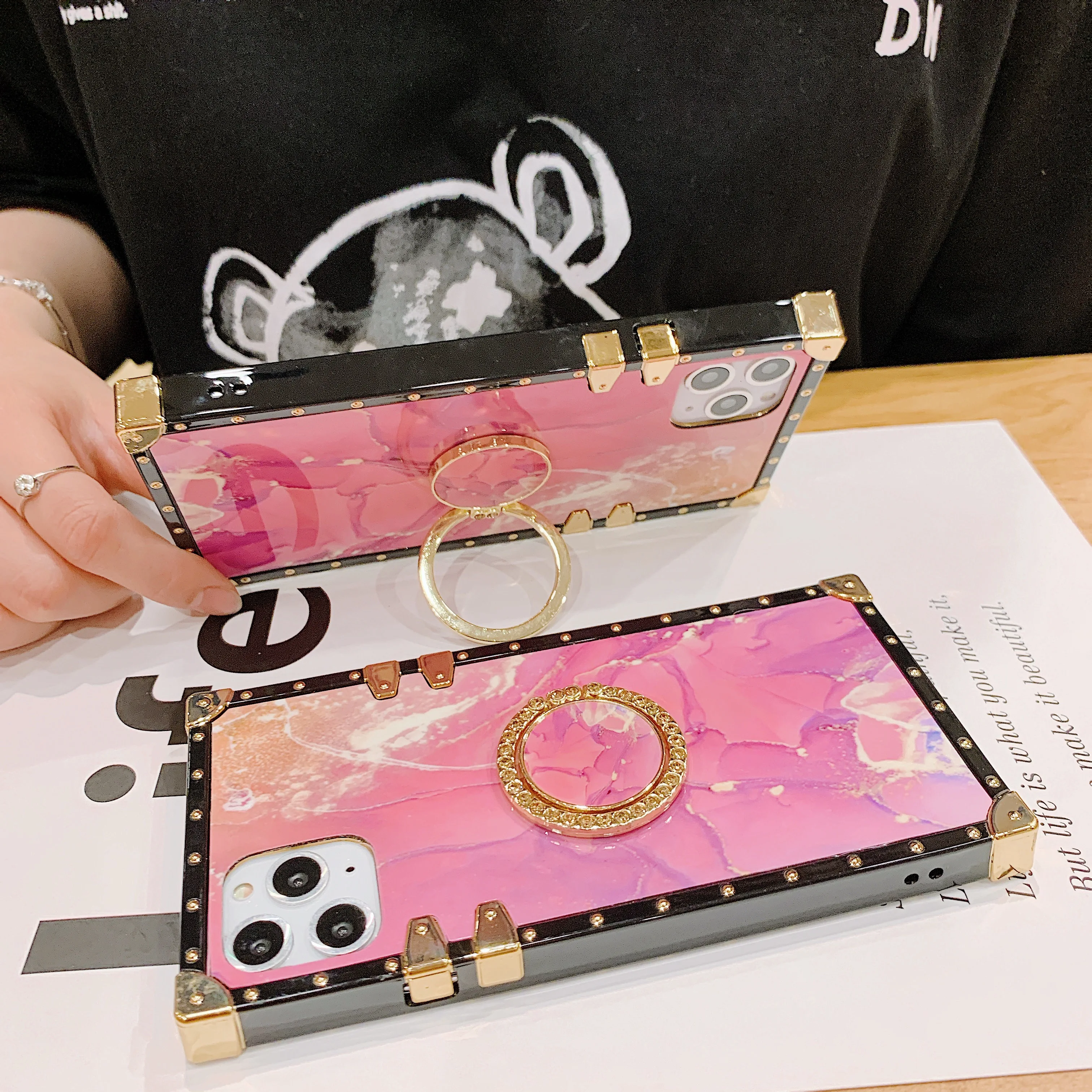 Квадратные Розовые блестящие алмазные чехлы-подставки для iPhone 13 Pro Max Mini 12 11 Xr XS 6S 7