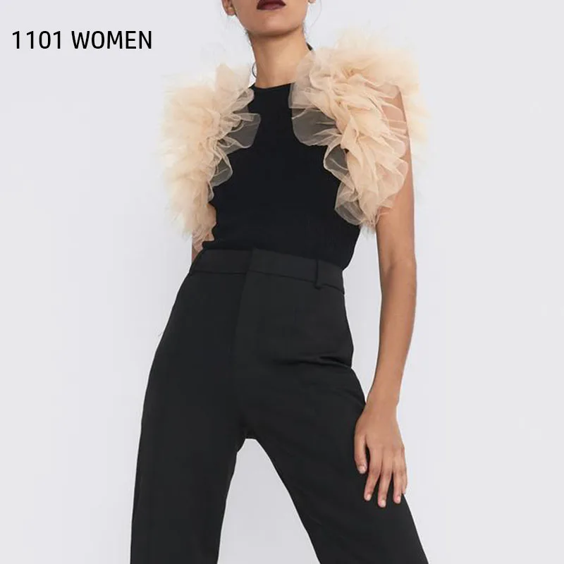 ZA новый женский черный весенний кружевной гофрированный комбинезон без рукавов