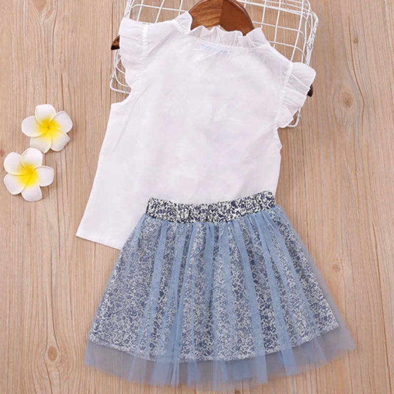 

Korean Girls Clothes Summer Baby Girls White Ruffles Bow Short Sleeves Blouse+floral Mesh Skirt 2pcs For Kids Sweet Clothes 3-8t
