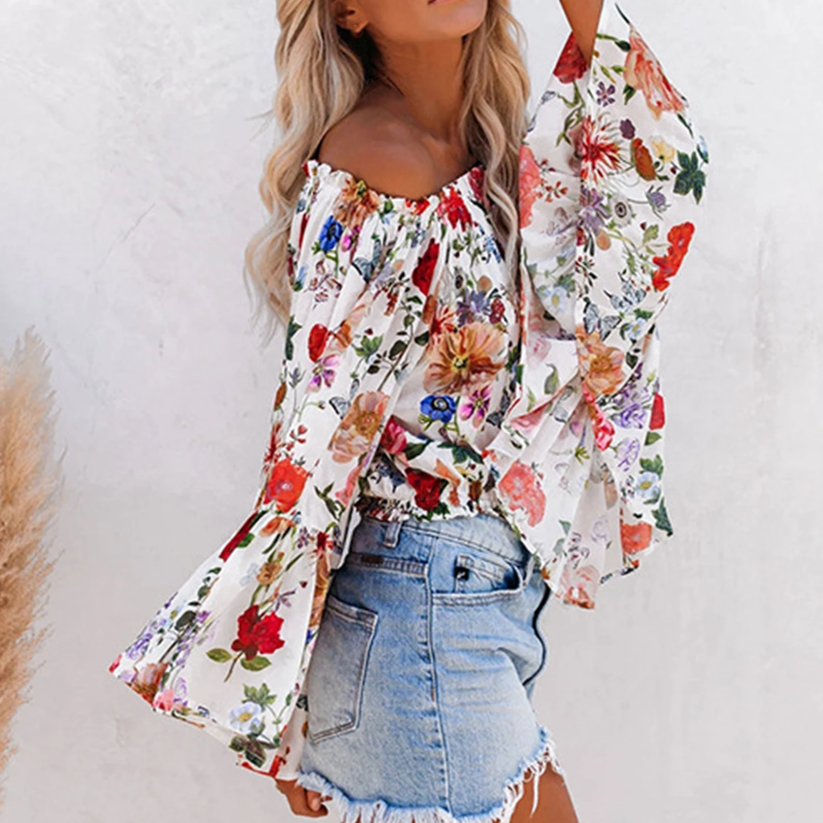 

Women Sexy Party Satin Shirts Blouse Floral Print Women 2021 Summer Autumn Long Flared Sleeve Off Shoulder Loose Shirt Blusa