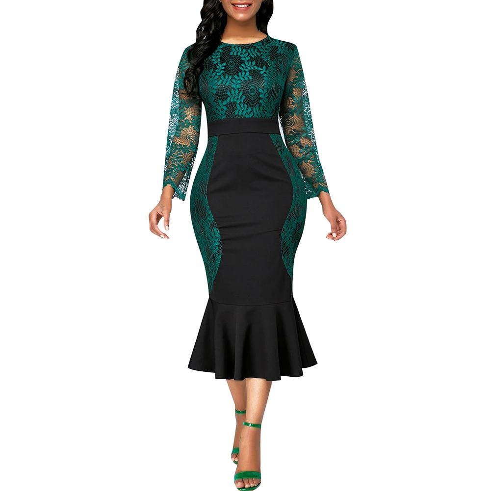 Осень 2019 кружевное платье в стиле пэчворк с длинным рукавом женское