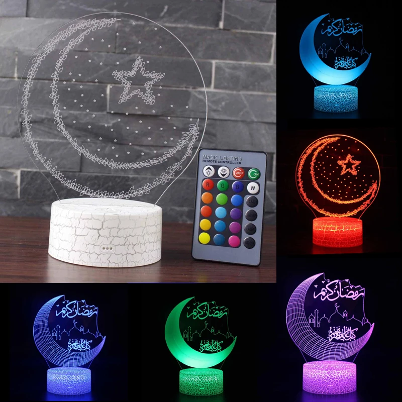 Eid Mubarak Ramadan Decor for Home Moon Stars 16 Color  Remote Control LED Light USB Charging Acrylic Night Light Party Decor