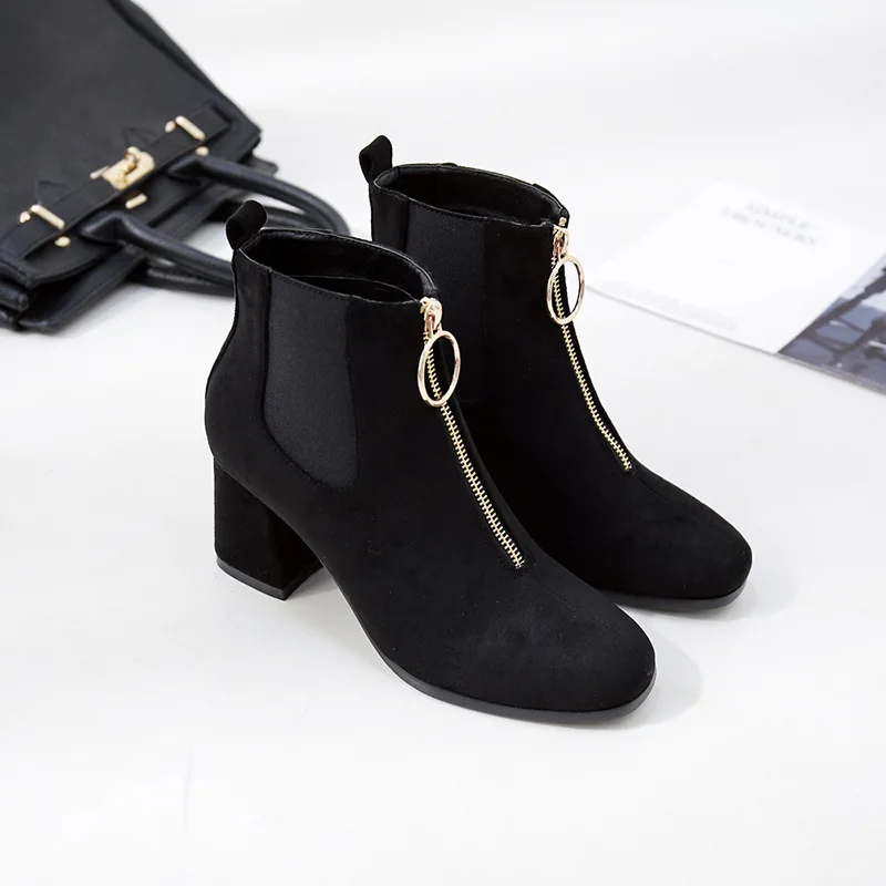 Обувь женские ботинки ботильоны из флиса на квадратном каблуке 7 см с квадратным