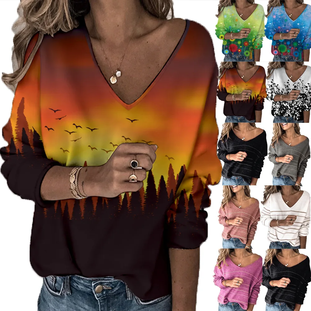 

Новая женская осенняя футболка с цветочным принтом, пуловер с v-образным вырезом и длинным рукавом, свободные футболки, женские топы с уличн...