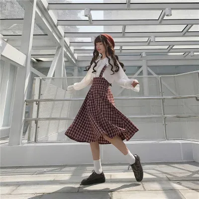 Himifashion Harajuku, женская модная клетчатая юбка на бретелях, бальное платье с высокой талией, юбка с оборками, повседневная шерстяная элегантная клетчатая Женская юбка - Цвет: skirt