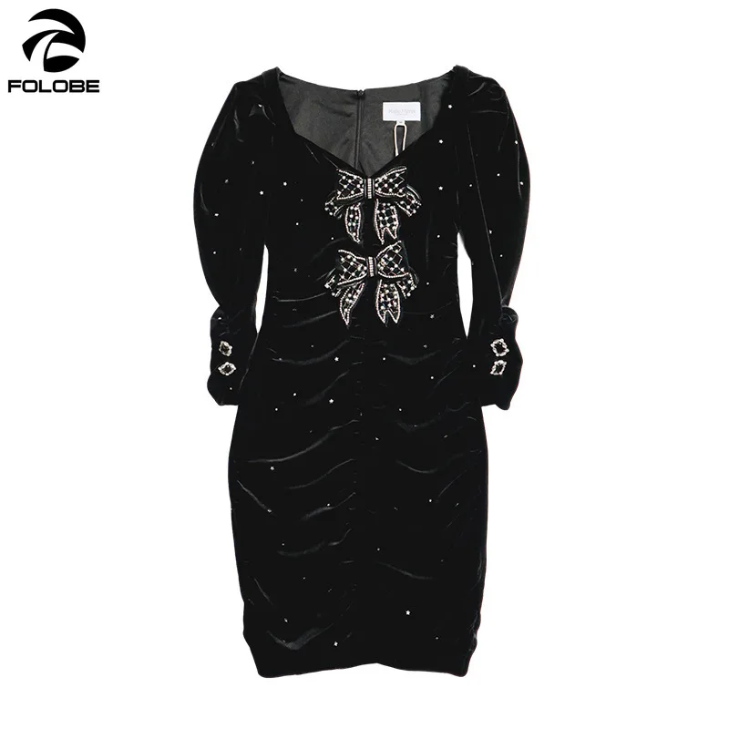 

FOLOBE 2021 Spring Autume Elegant Velvet Black Dress Women Puff Sleeve Square Collor Diamonds Bow Sexy Shiny Mini Dresses Female