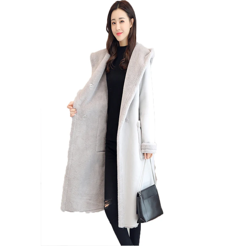 Зимнее женское модное однотонное пальто из искусственной замши с длинным