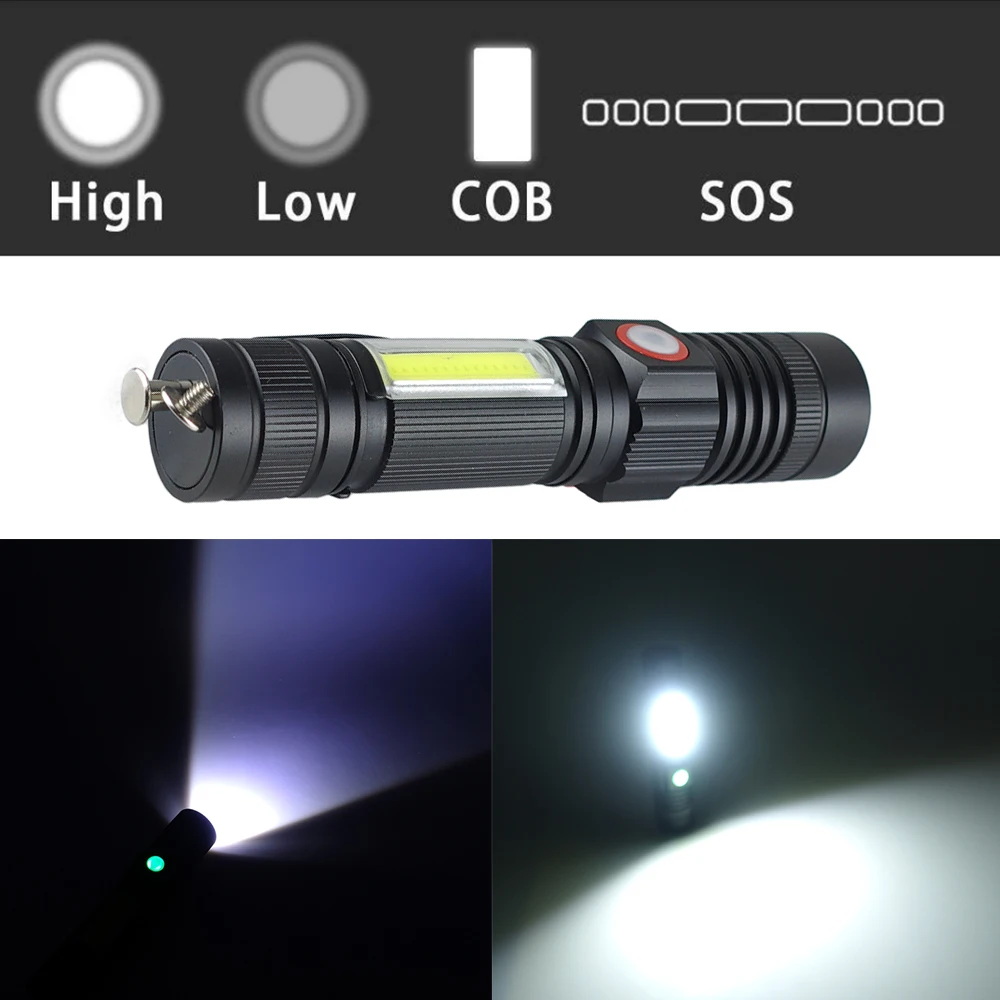 3800LM Portable Zoomable LED Flashlight USB Rechargeable torch Side COB as worklight use 18650 battery for camping outdoor light | Лампы и