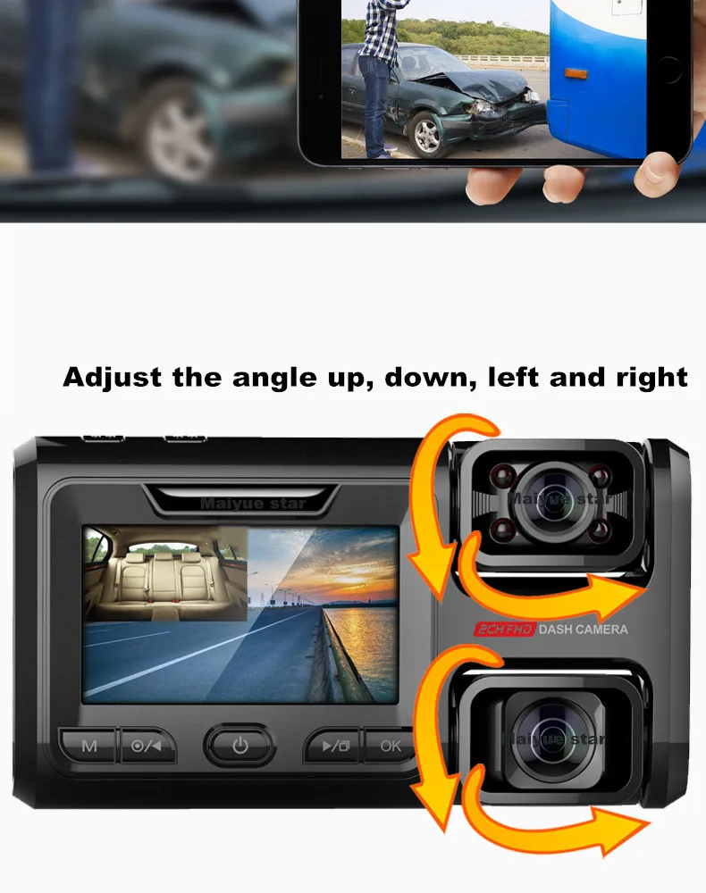 Автомобильный видеорегистратор с тремя объективами 360 дюйма внутри и снаружи