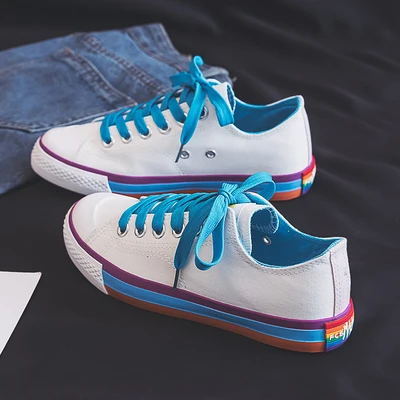 White Blue Модная женская парусиновая обувь; коллекция года; сезон весна; Новинка; модная женская повседневная обувь ярких цветов на плоской подошве; парусиновая Женская Повседневная однотонная обувь; кроссовки - Цвет: White Blue