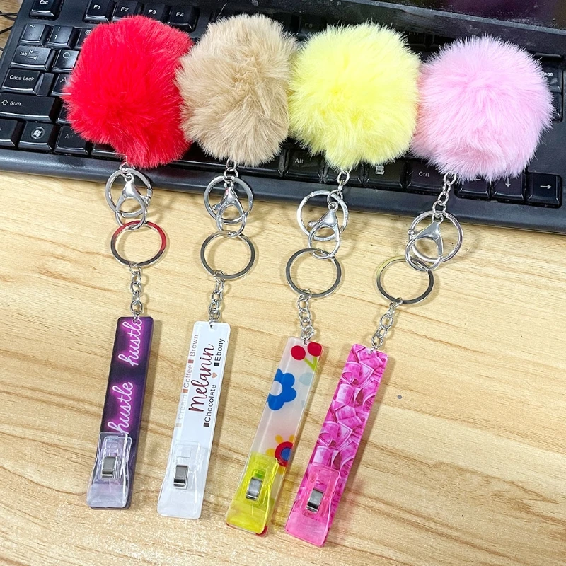 

E56A Credit Card Puller ATM Keychain Cute Acrylic Debit Bank Card Grabber for Long Nails With Pom Pom Ball And Plastic Clip