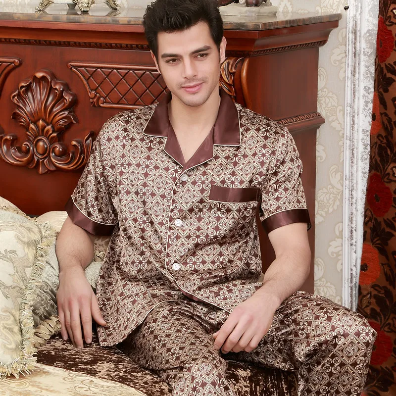 

Men's Pajamas Summer Ice Silk Thin Silk Two Piece Suit Summer Leisure Home Wear 21-660