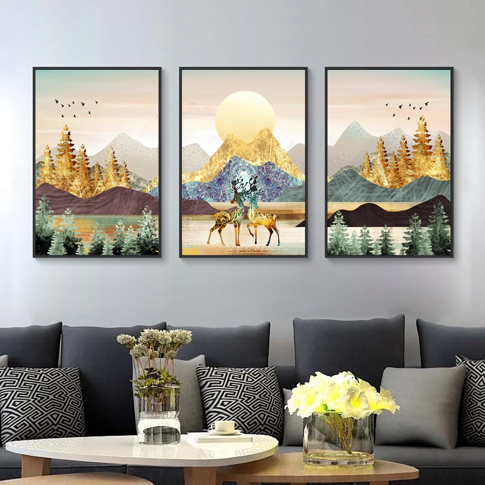 Современные абстрактные золотые горы Дерево красочные олень художественные