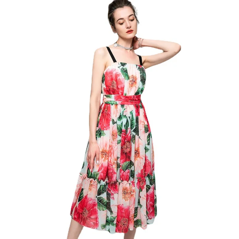 

2021 Spring and Summer New Women's Clothing Sexy off-the-Shoulder Backless Fashionable Printed Midi Dress Suspender Dress