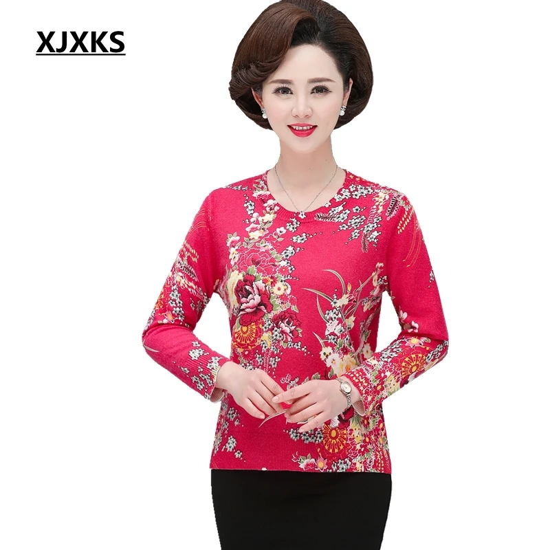 XJXKS Sweater Women 2020 Autumn Winter Plus Size Jumper New Flower Printed Loose Pullover Knitted Sweaters | Женская одежда