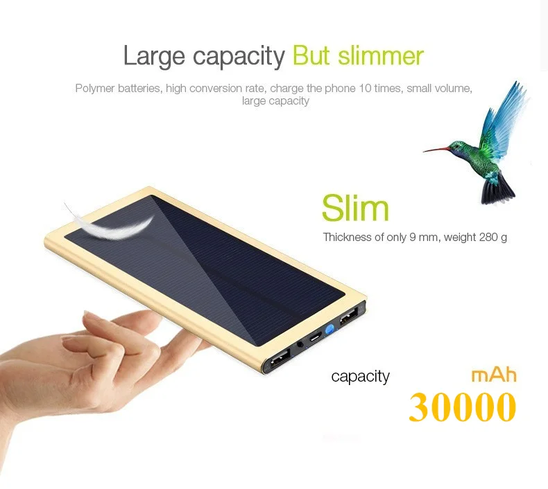 Ультра-тонкий солнечный 30000mah внешний аккумулятор 2 USB светодиодный внешний аккумулятор портативная мобильная зарядка телефона от солнечной батареи для xiaomi iphone x 11