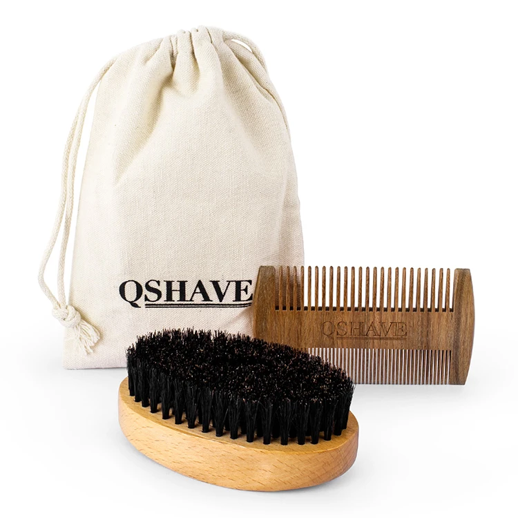 QSHAVE, натуральная щетина кабана, щетка для бритья бороды, усы, Мужская щетка для бороды, инструмент для ухода за бородой, 10,8 см, 1 щетка и 1 расческа
