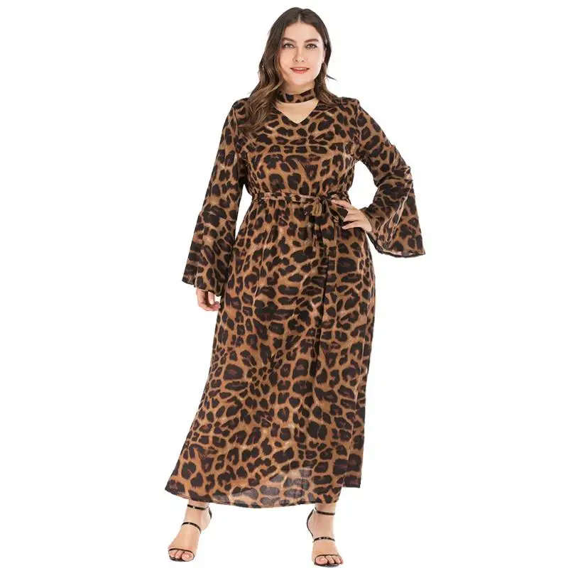 2019 осень размера плюс с леопардовым принтом длинное платье сексуальное