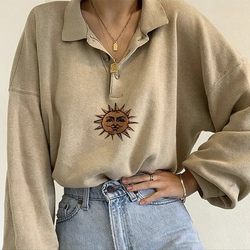 

Apricot Vintage Sun Embroidered POLO Collar Oversized Sweatshirt Khaki Women Girls Preppy Style Casual Streetwear Brand Fashion