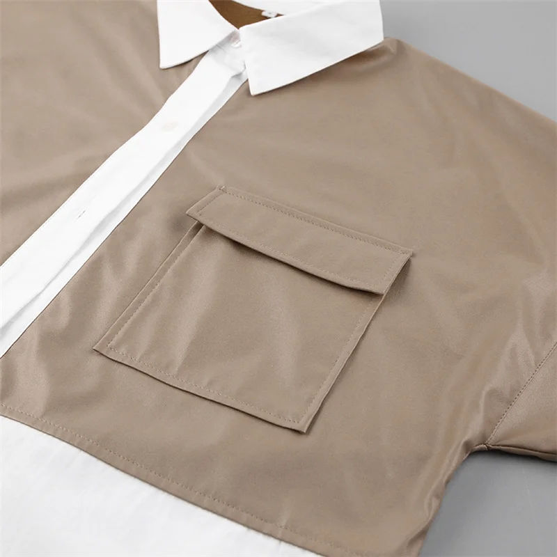 

Patchwork PU Leather Blouse Women Loose Pocket Cotton White Long Shirt Female Casual Blouses and Tops 2021 Fashion