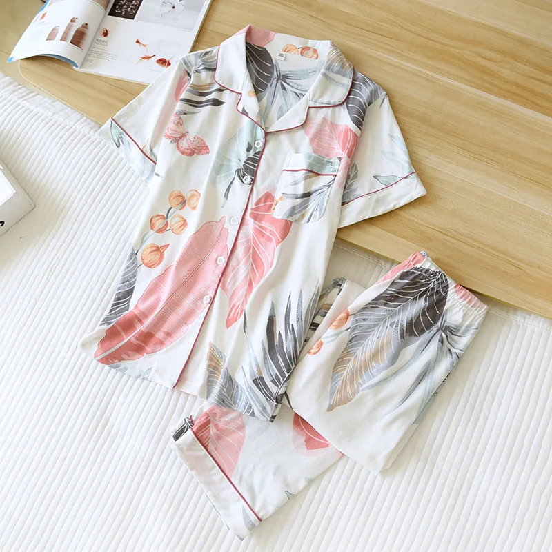 

Two-piece 100% Cotton Pajamas For Women Leaf Print Summer Sleepwear Female Short Sleeve Trousers Home Suit Plus Size Homewear