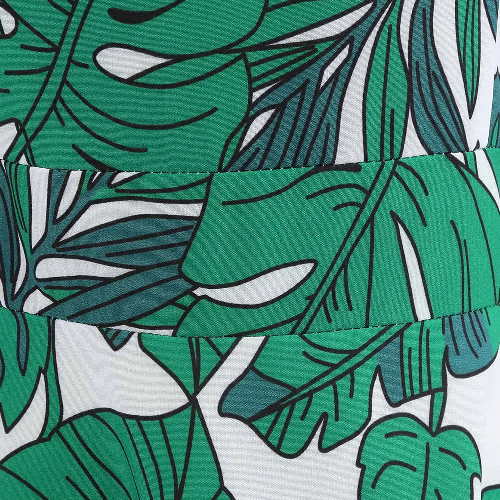 Летнее винтажное платье без рукавов с принтом тропических листьев зеленое в